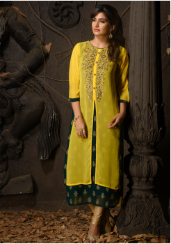 Yellow And Green Color Designer Georgette Kurti